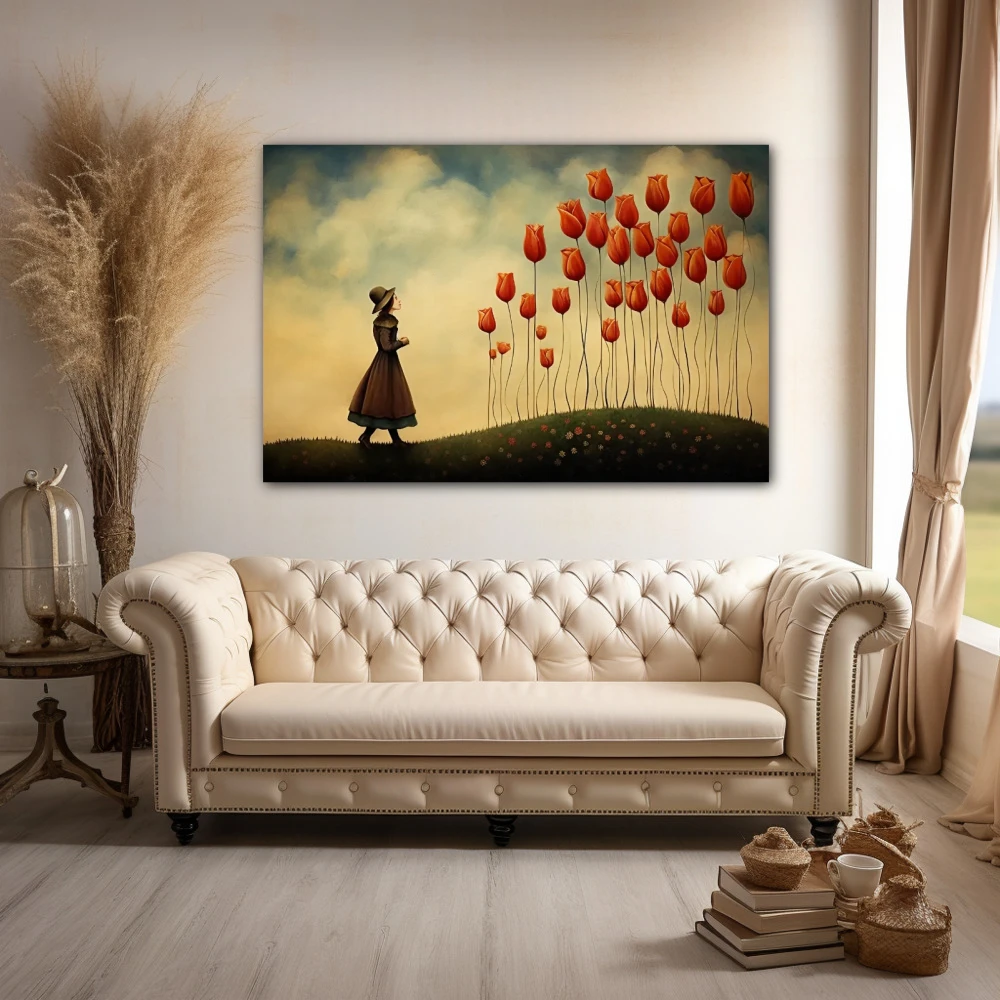 Wall Art titled: Dreaming Among Tulips in a Horizontal format with: Red, and Green Colors; Decoration the Above Couch wall