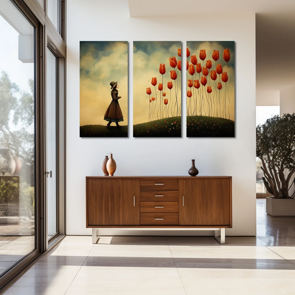 Wall Art titled: Dreaming Among Tulips in a Horizontal format with: Red, and Green Colors; Decoration the Entryway wall