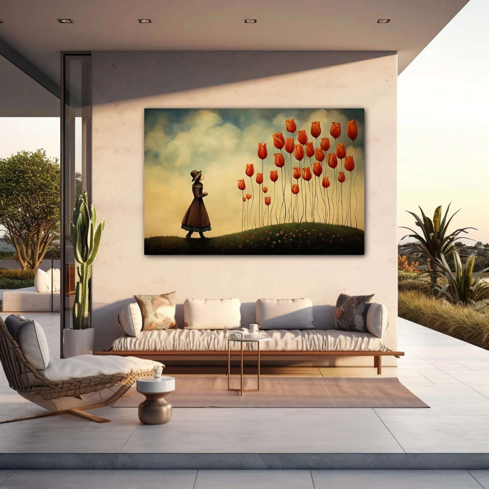 Wall Art titled: Dreaming Among Tulips in a Horizontal format with: Red, and Green Colors; Decoration the Outdoor wall