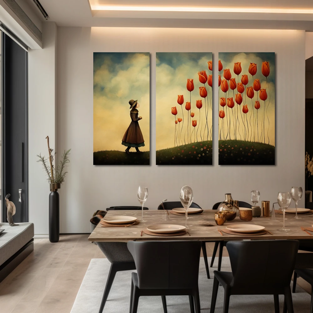 Wall Art titled: Dreaming Among Tulips in a Horizontal format with: Red, and Green Colors; Decoration the Living Room wall