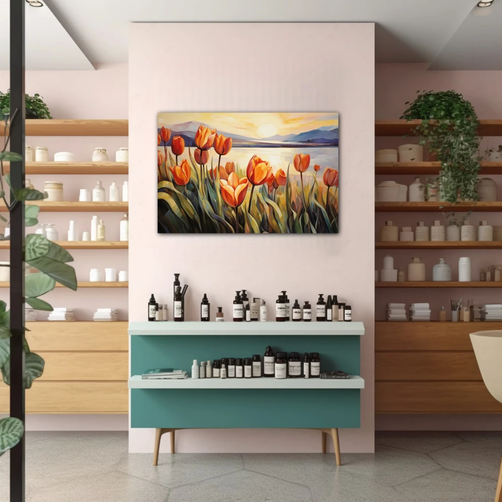 Wall Art titled: Caress of Light and Color in a Horizontal format with: Yellow, Orange, and Green Colors; Decoration the Pharmacy wall
