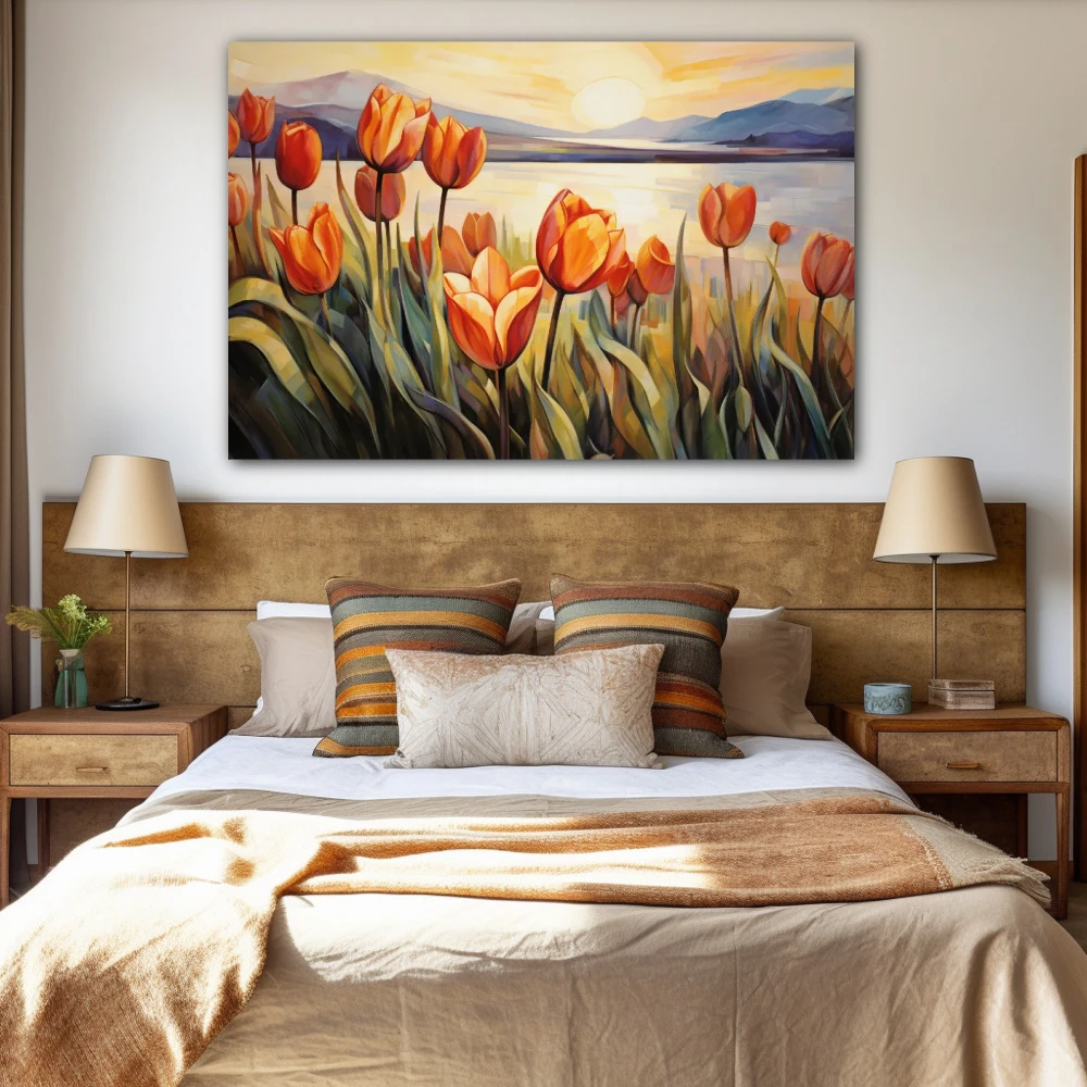 Wall Art titled: Caress of Light and Color in a Horizontal format with: Yellow, Orange, and Green Colors; Decoration the Bedroom wall