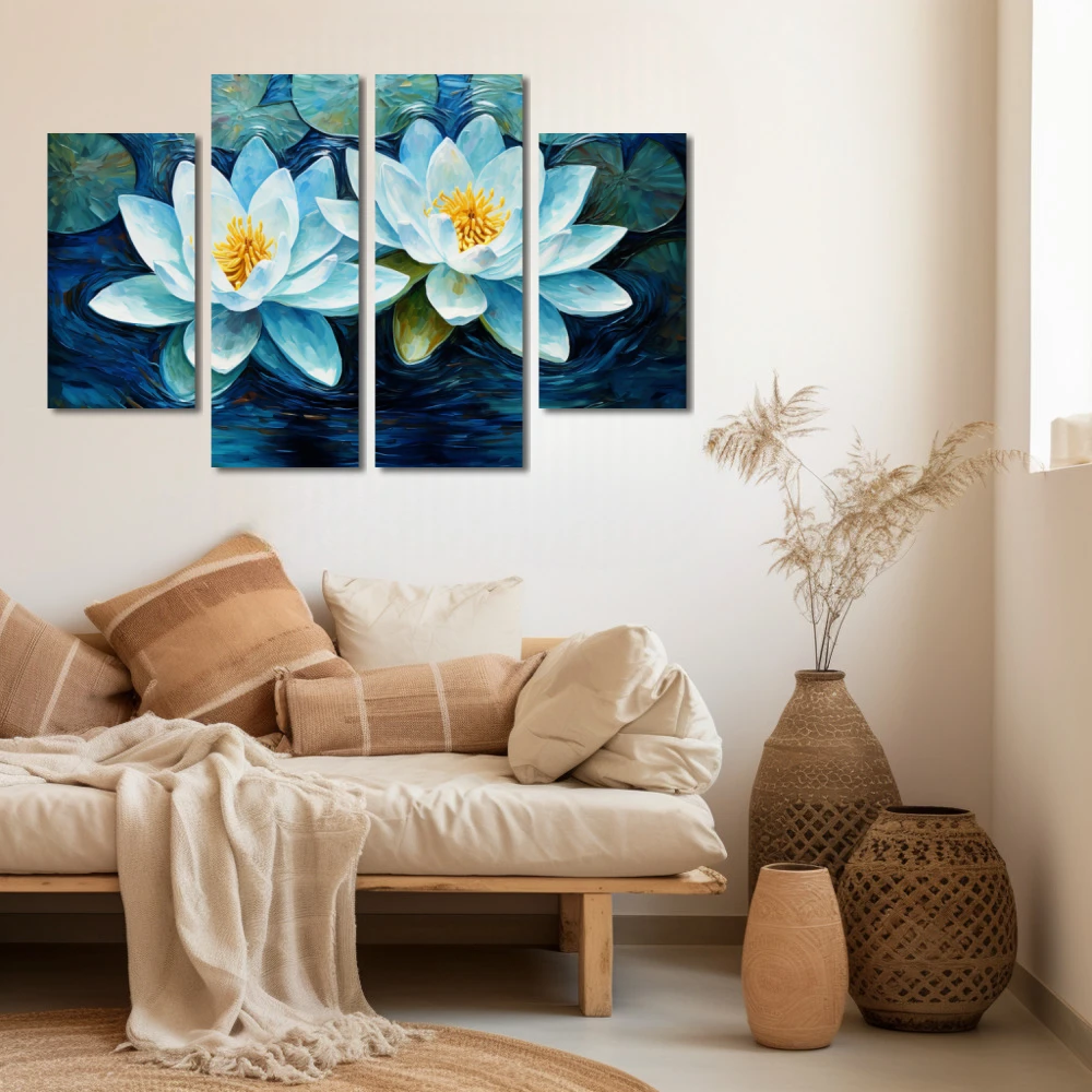Cuadro reflejos de tranquilidad en formato políptico con colores azul, celeste; decorando pared beige
