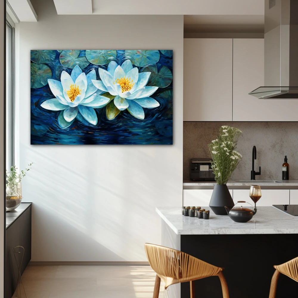 Cuadro reflejos de tranquilidad en formato horizontal con colores azul, celeste; decorando pared de cocina