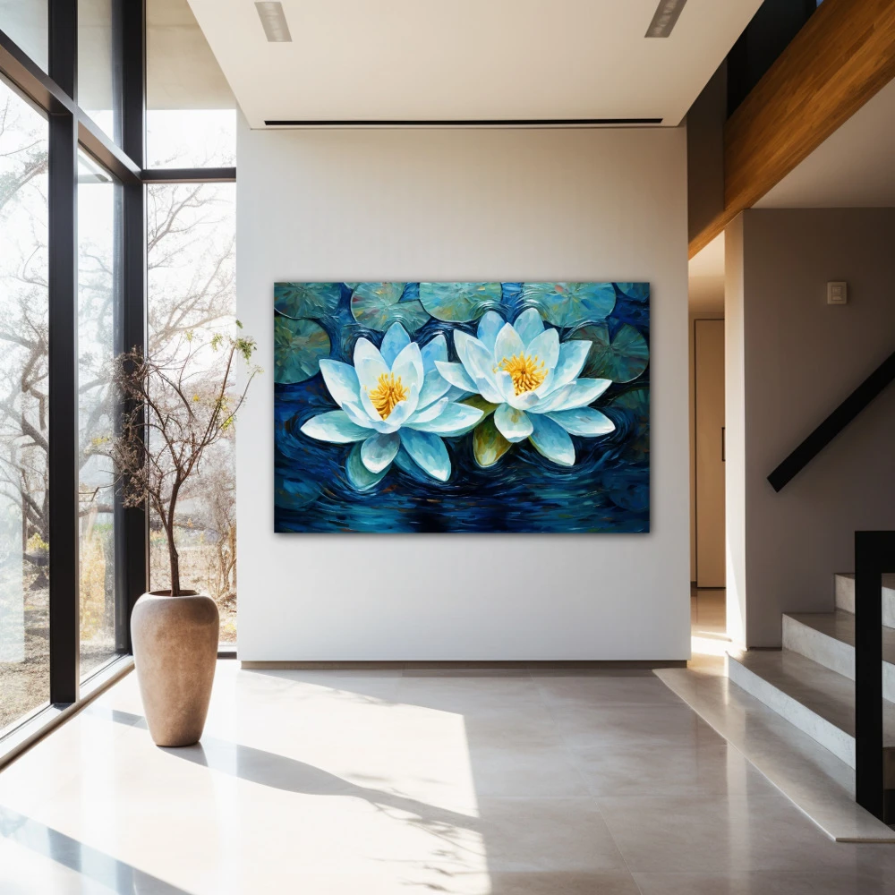 Wall Art titled: Reflections of Tranquility in a Horizontal format with: Blue, Sky blue, and Navy Blue Colors; Decoration the Entryway wall