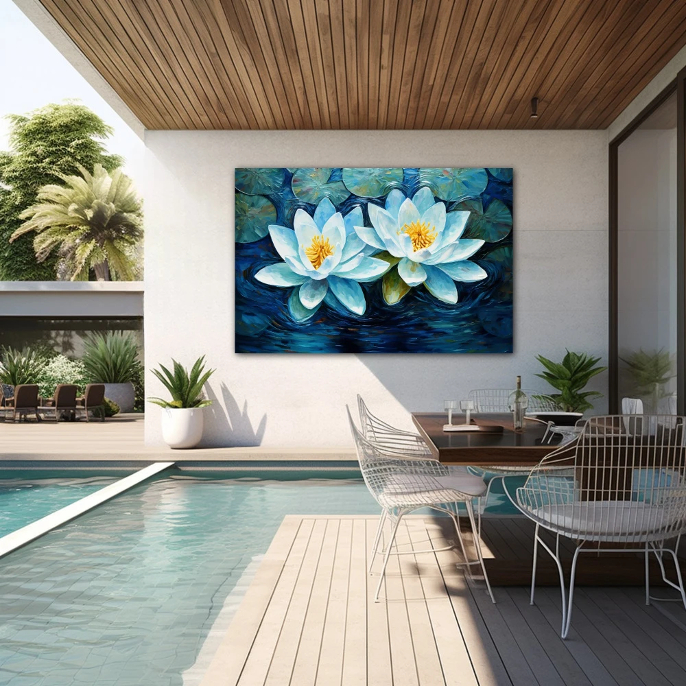 Wall Art titled: Reflections of Tranquility in a Horizontal format with: Blue, Sky blue, and Navy Blue Colors; Decoration the Outdoor wall