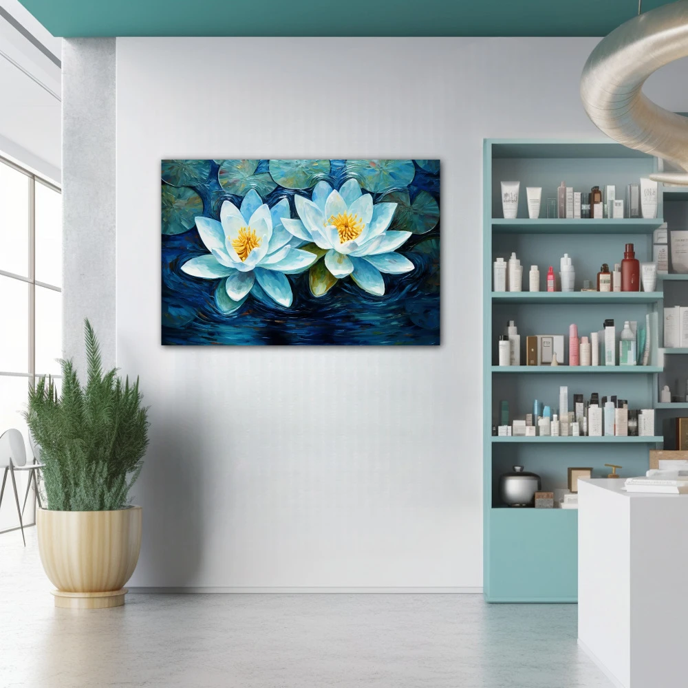 Wall Art titled: Reflections of Tranquility in a Horizontal format with: Blue, Sky blue, and Navy Blue Colors; Decoration the Pharmacy wall