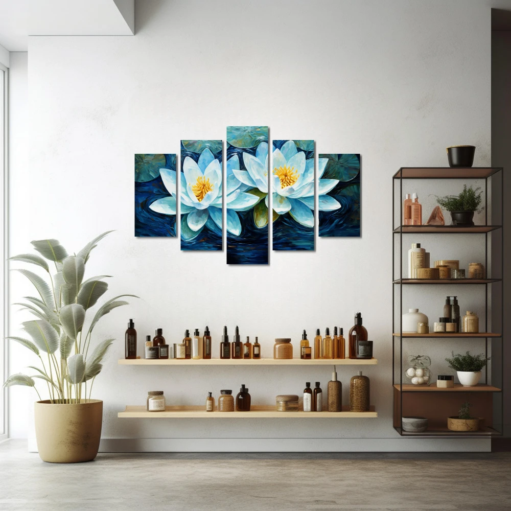 Cuadro reflejos de tranquilidad en formato políptico con colores azul, celeste; decorando pared de farmacia