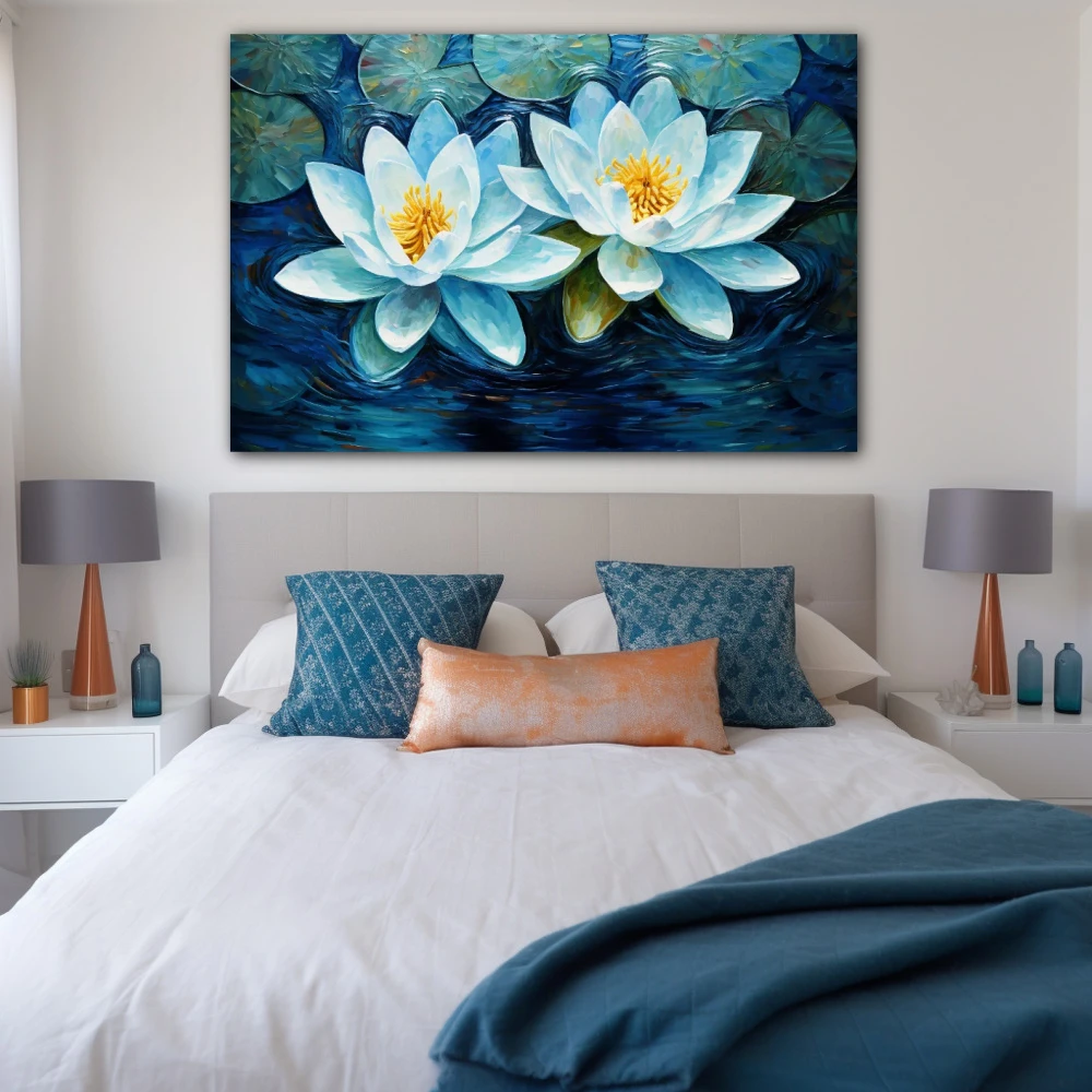 Cuadro reflejos de tranquilidad en formato horizontal con colores azul, celeste; decorando pared de habitación dormitorio