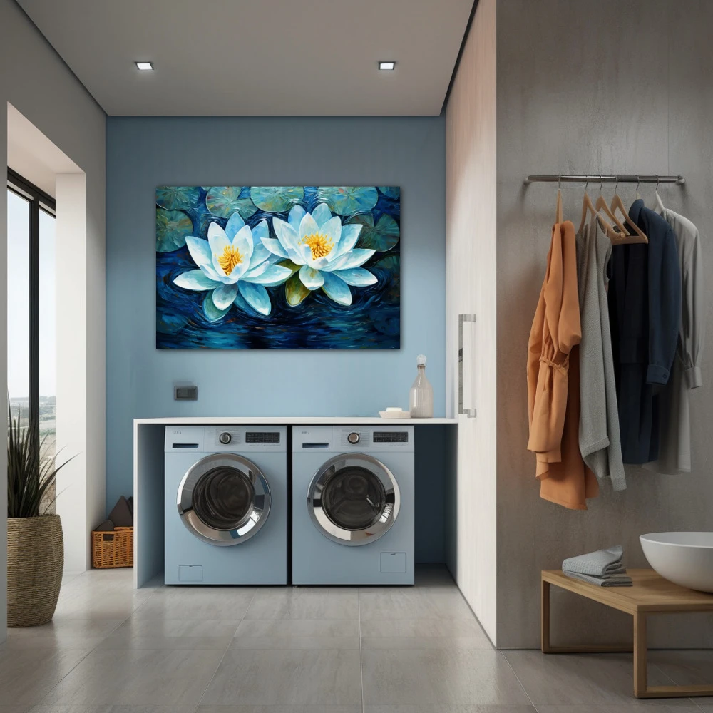 Cuadro reflejos de tranquilidad en formato horizontal con colores azul, celeste; decorando pared de lavanderia