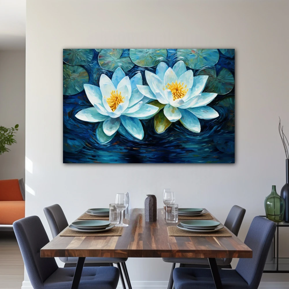 Cuadro reflejos de tranquilidad en formato horizontal con colores azul, celeste; decorando pared de salón comedor