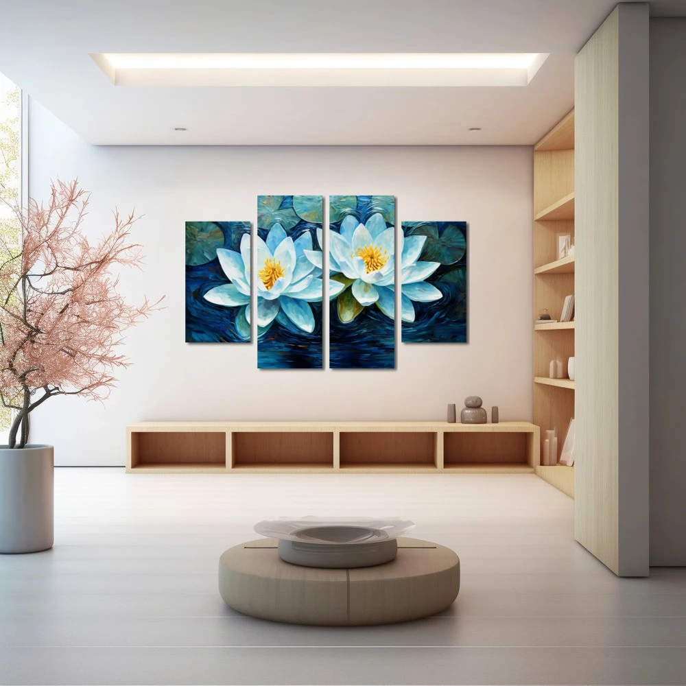 Wall Art titled: Reflections of Tranquility in a Horizontal format with: Blue, Sky blue, and Navy Blue Colors; Decoration the Wellbeing wall