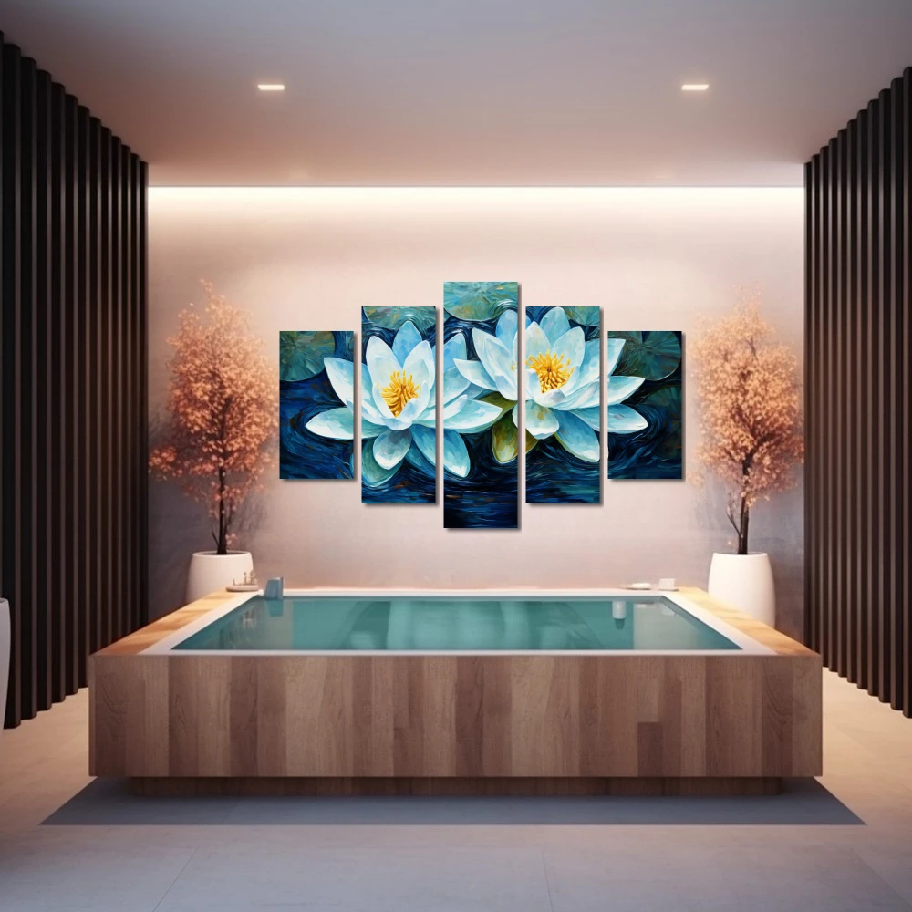 Cuadro reflejos de tranquilidad en formato políptico con colores azul, celeste; decorando pared de spa