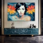 Wall Art titled: Lotus Eyes in a Horizontal format with: Blue, Mustard, and Orange Colors; Decoration the Sideboard wall