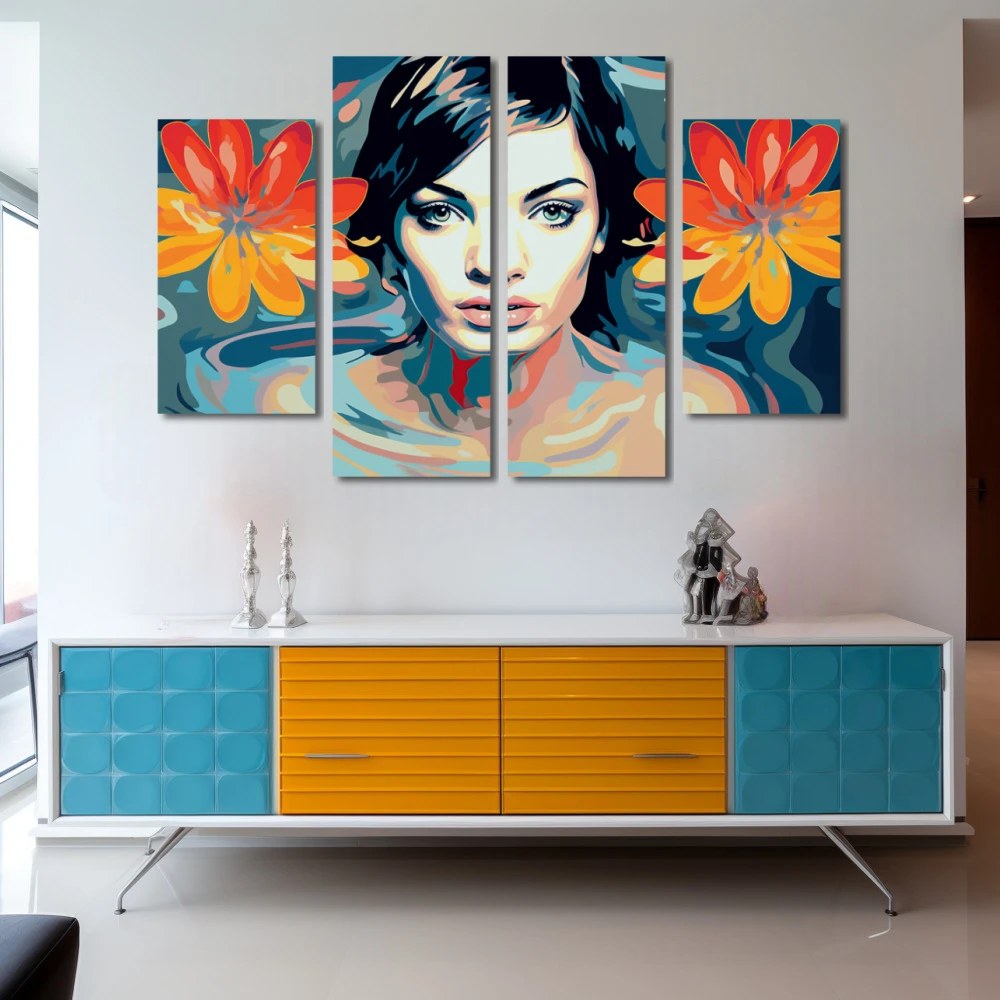Wall Art titled: Lotus Eyes in a Horizontal format with: Blue, Mustard, and Orange Colors; Decoration the Sideboard wall