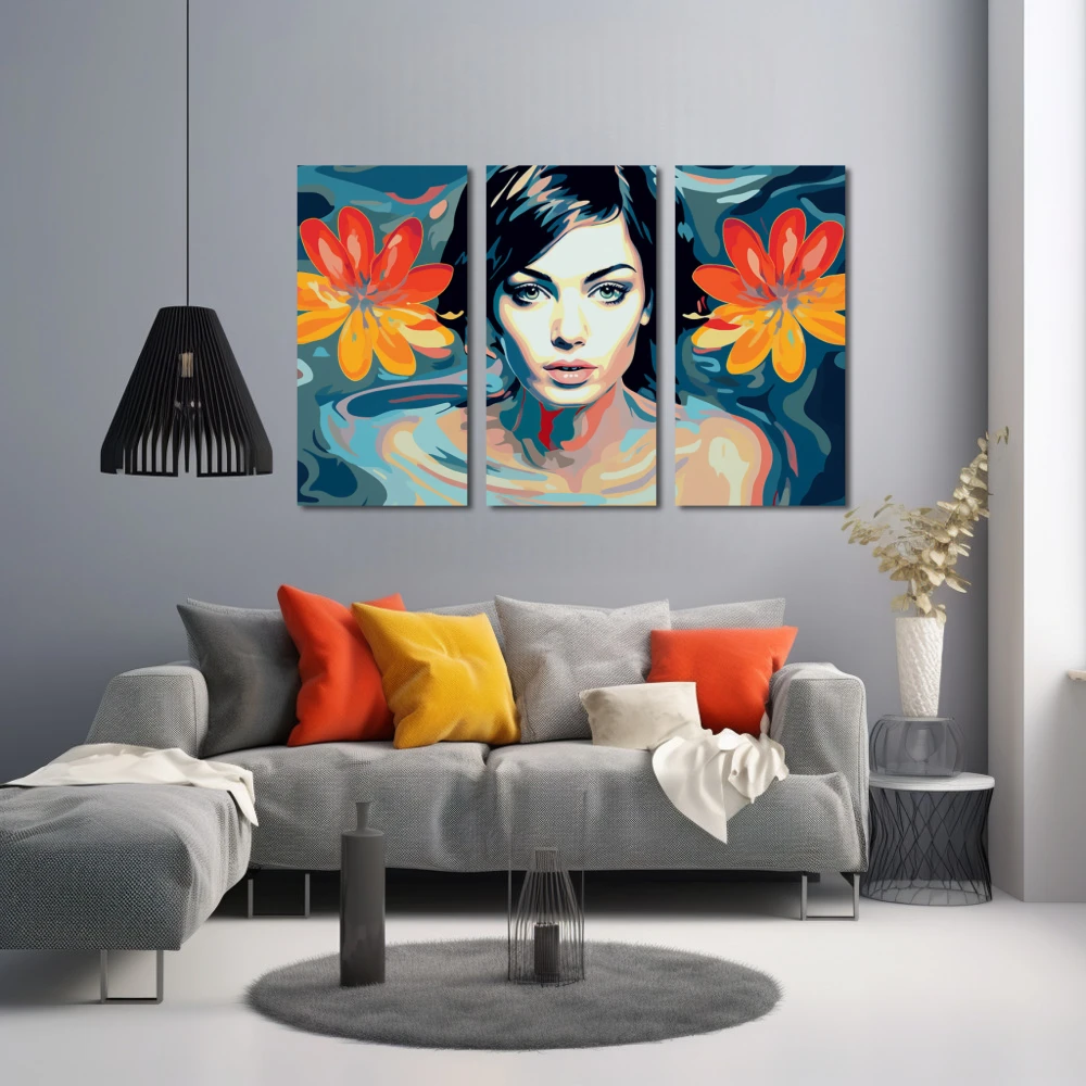 Wall Art titled: Lotus Eyes in a Horizontal format with: Blue, Mustard, and Orange Colors; Decoration the Grey Walls wall