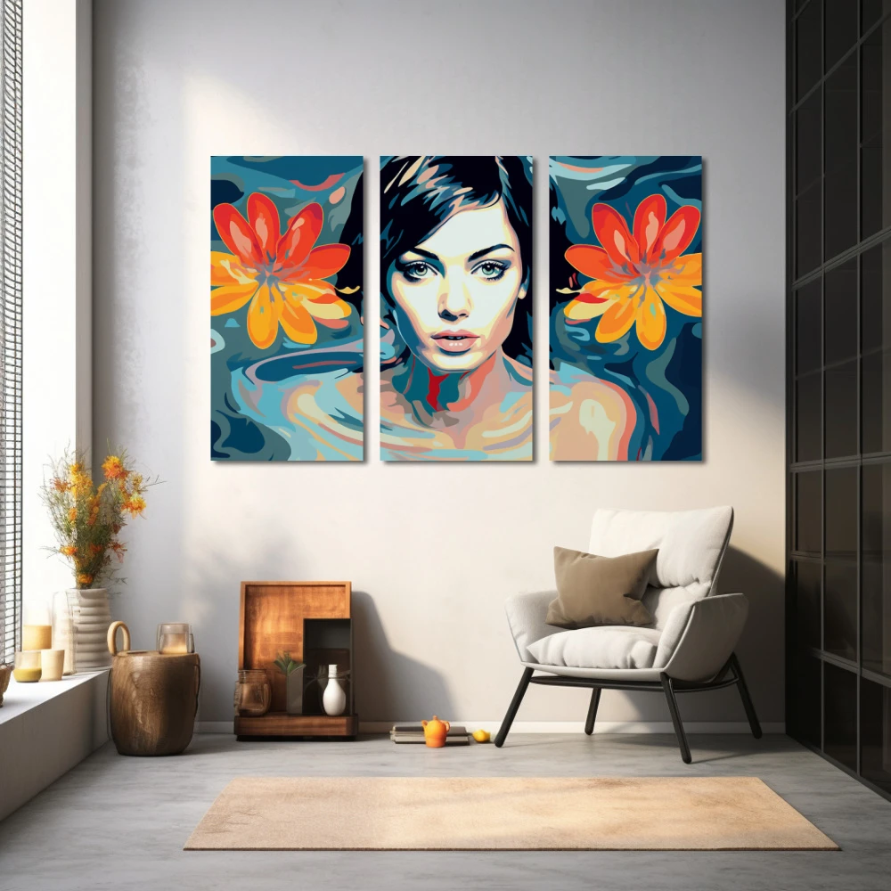Cuadro ojos de loto en formato tríptico con colores azul, mostaza, naranja; decorando pared gris