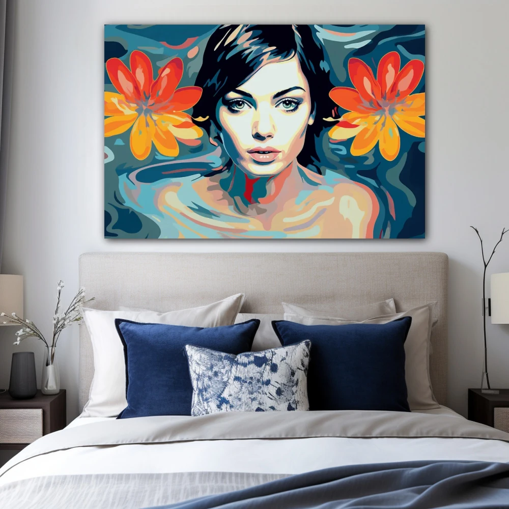 Cuadro ojos de loto en formato horizontal con colores azul, mostaza, naranja; decorando pared de habitación dormitorio