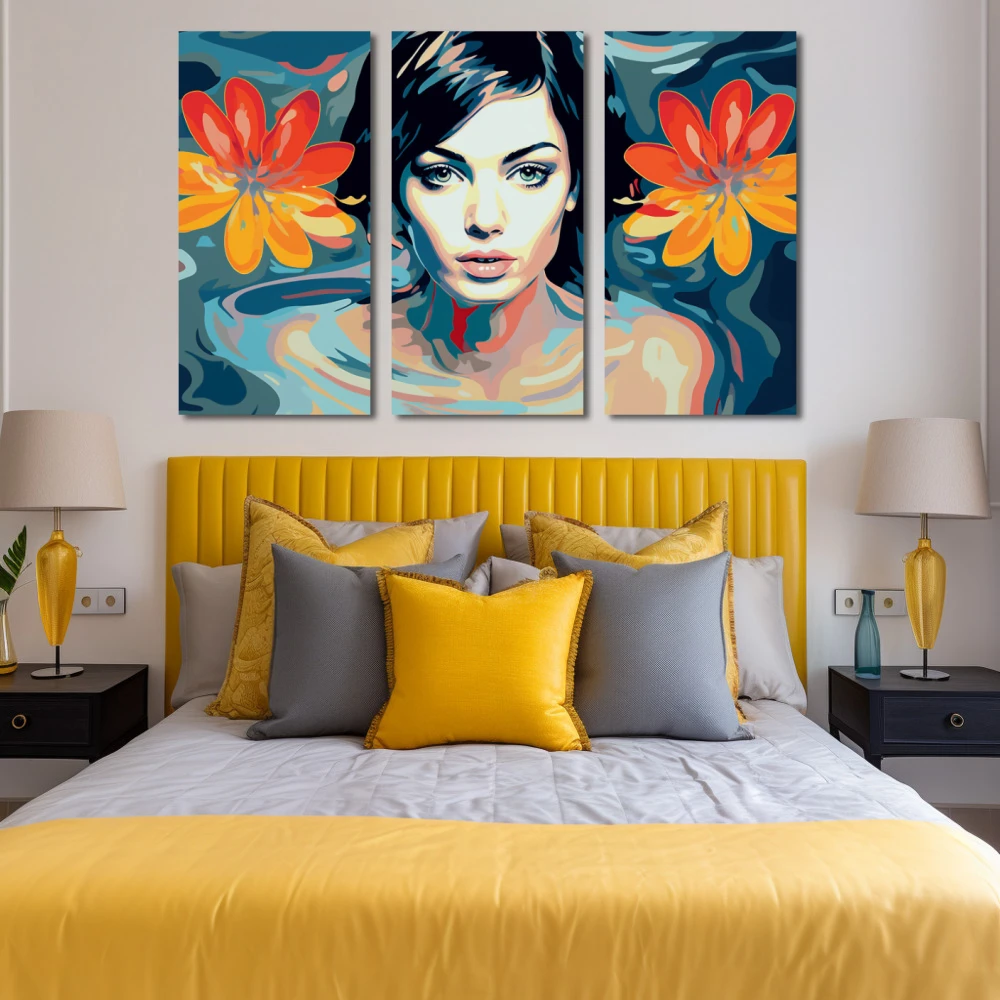 Cuadro ojos de loto en formato tríptico con colores azul, mostaza, naranja; decorando pared de habitación dormitorio