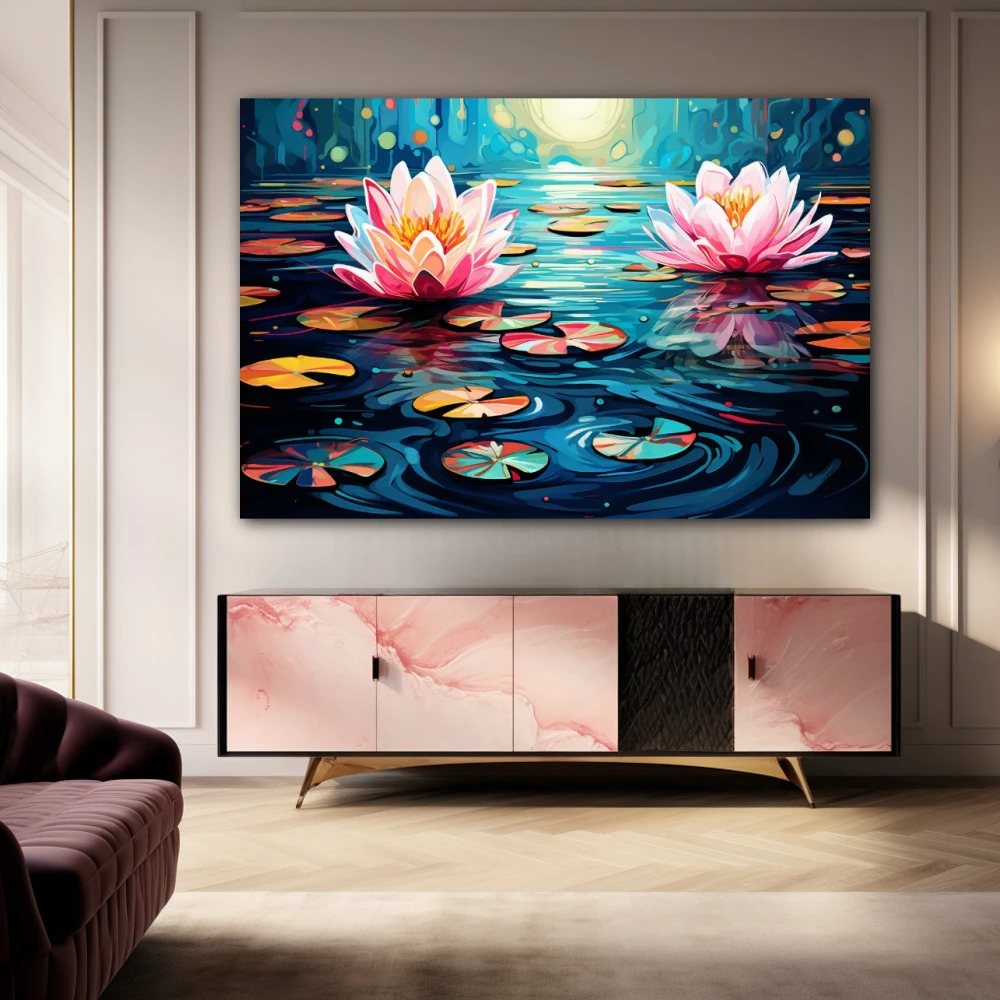 Wall Art titled: Water Nymphs in a Horizontal format with: Blue, Pink, Violet, and Vivid Colors; Decoration the Sideboard wall