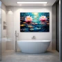 Wall Art titled: Water Nymphs in a Horizontal format with: Blue, Pink, Violet, and Vivid Colors; Decoration the Bathroom wall