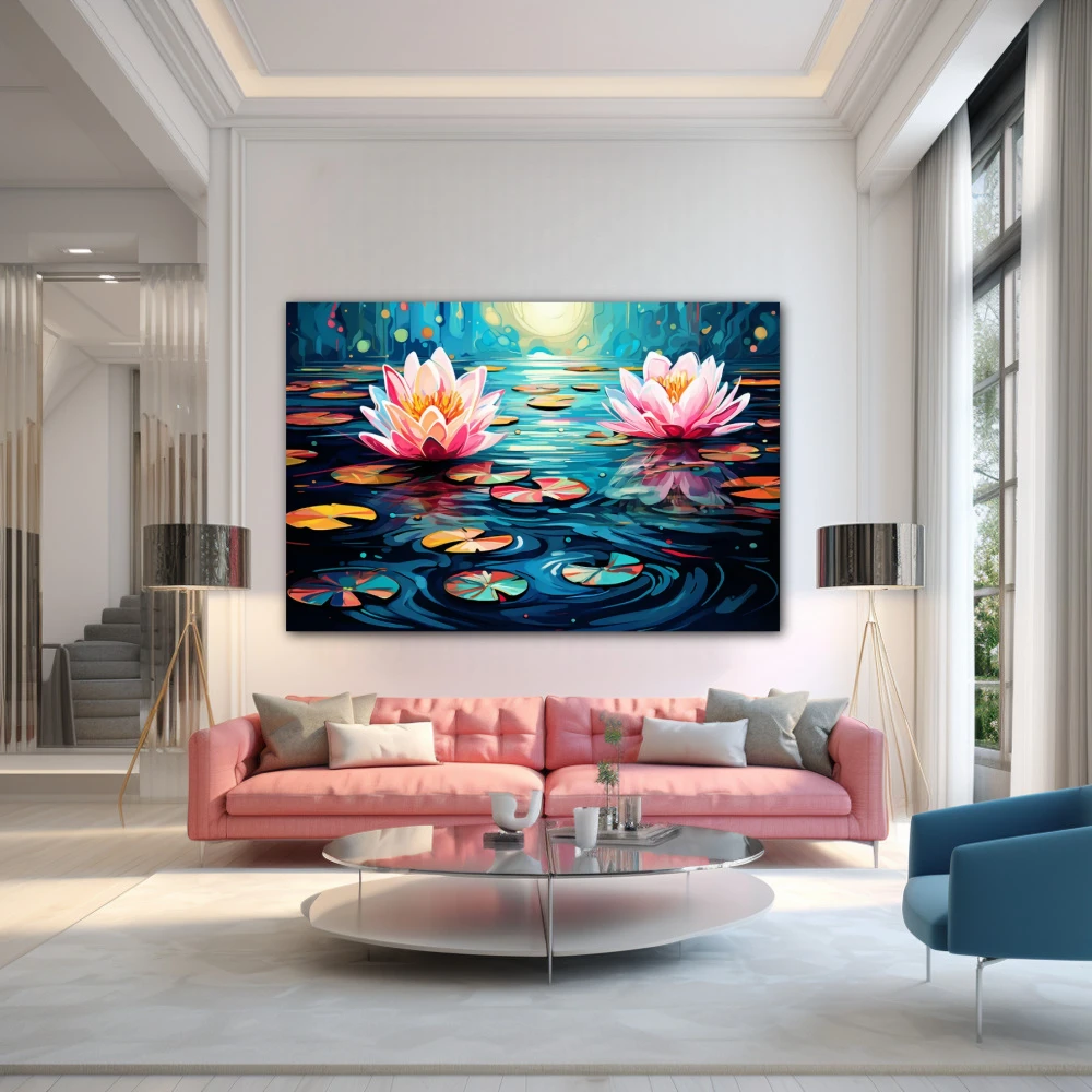 Wall Art titled: Water Nymphs in a Horizontal format with: Blue, Pink, Violet, and Vivid Colors; Decoration the Above Couch wall