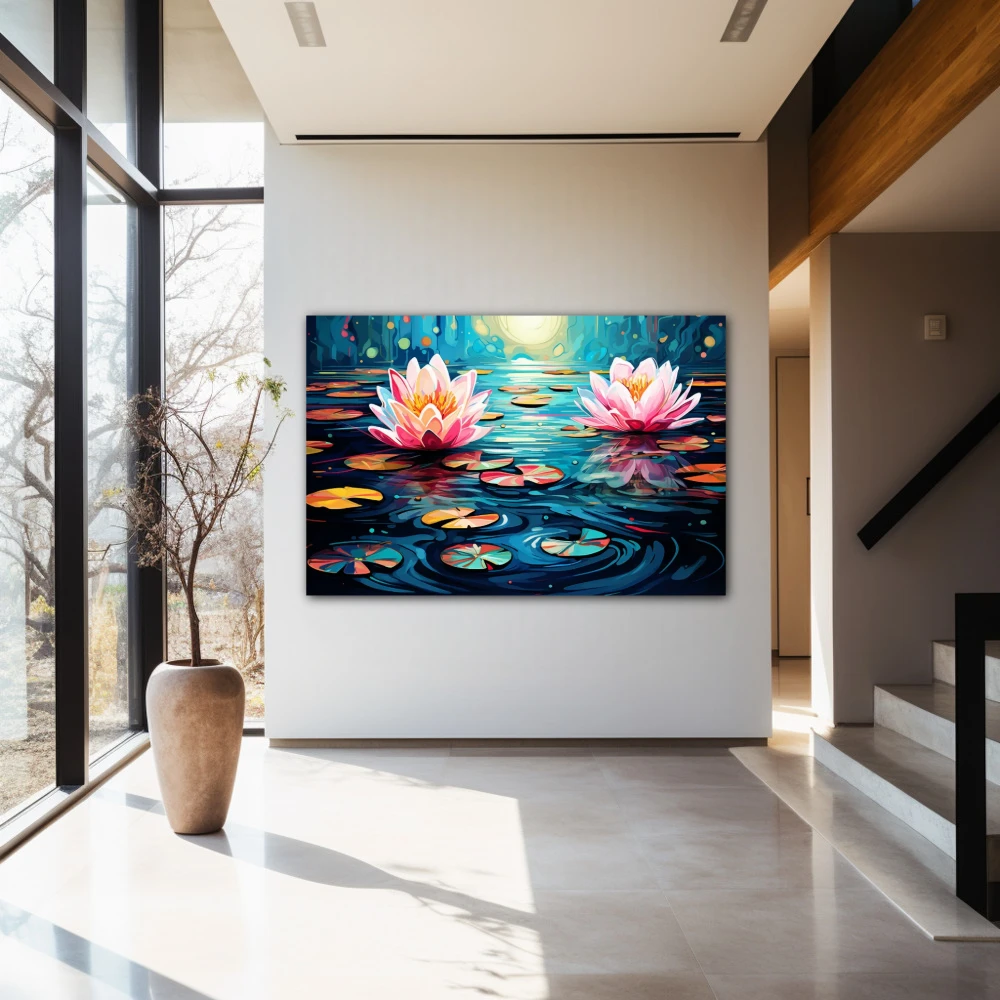 Wall Art titled: Water Nymphs in a Horizontal format with: Blue, Pink, Violet, and Vivid Colors; Decoration the Entryway wall