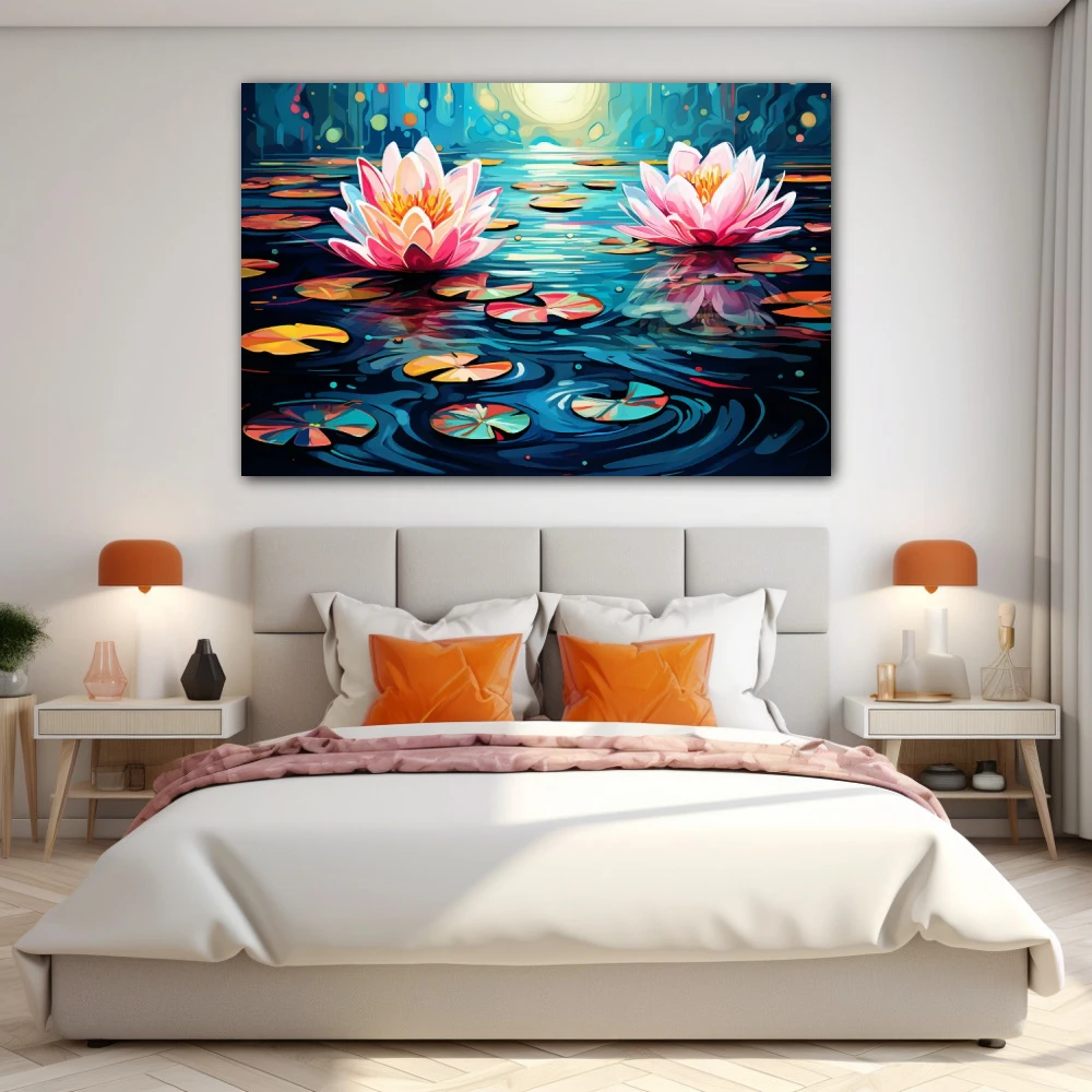 Wall Art titled: Water Nymphs in a Horizontal format with: Blue, Pink, Violet, and Vivid Colors; Decoration the Bedroom wall