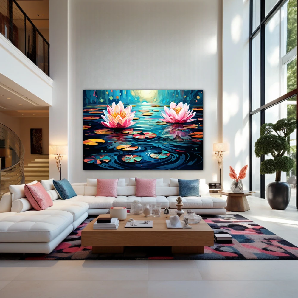 Wall Art titled: Water Nymphs in a Horizontal format with: Blue, Pink, Violet, and Vivid Colors; Decoration the Living Room wall