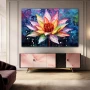 Wall Art titled: Chromatic Lotus in a Horizontal format with: Yellow, Blue, and Violet Colors; Decoration the Sideboard wall