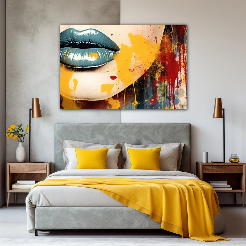 Cuadro apetitoso carmesí en formato horizontal con colores amarillo, morado, rojo; decorando pared de habitación dormitorio