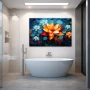 Wall Art titled: The Lake of Illusions in a Horizontal format with: Blue, Sky blue, Orange, and Navy Blue Colors; Decoration the Bathroom wall