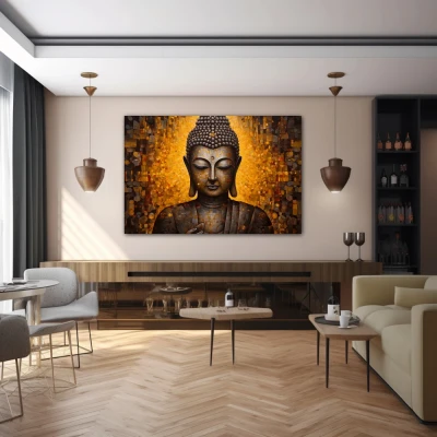 Wall Art titled: Inner Transcendence in a Horizontal format with: and Golden Colors; Decoration the Bar wall