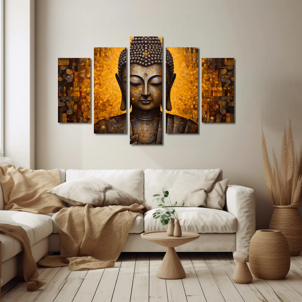 Wall Art titled: Inner Transcendence in a Horizontal format with: and Golden Colors; Decoration the Beige Wall wall