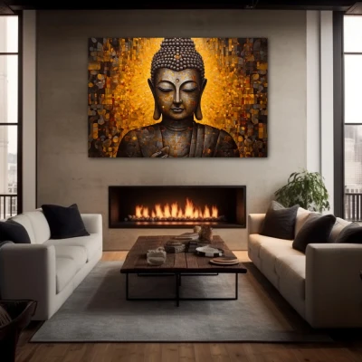 Wall Art titled: Inner Transcendence in a  format with: and Golden Colors; Decoration the Fireplace wall