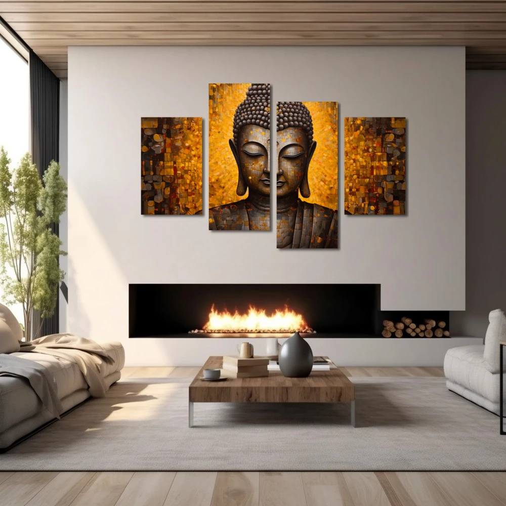 Wall Art titled: Inner Transcendence in a Horizontal format with: and Golden Colors; Decoration the Fireplace wall