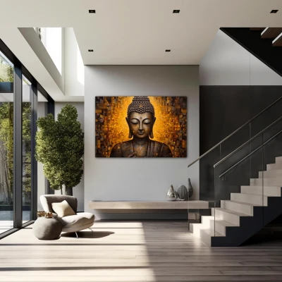 Wall Art titled: Inner Transcendence in a Horizontal format with: and Golden Colors; Decoration the Staircase wall