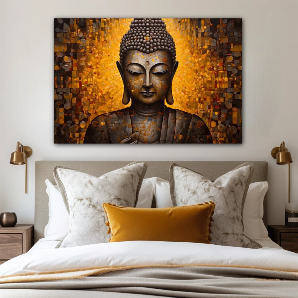 Cuadro trascendencia interior en formato horizontal con colores dorado; decorando pared de habitación dormitorio