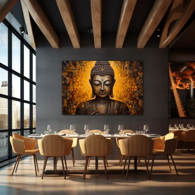 Cuadro Trascendencia Interior en formato horizontal con colores Dorado; Decorando pared de Restaurante