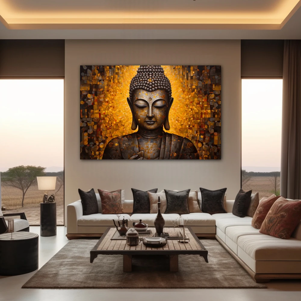 Cuadro trascendencia interior en formato horizontal con colores dorado; decorando pared de salón comedor