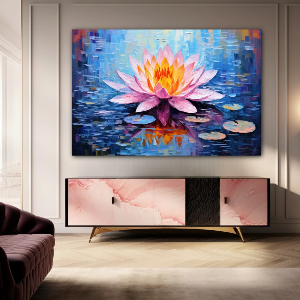 Wall Art titled: Fiery Whisper in a Horizontal format with: Blue, and Pink Colors; Decoration the Sideboard wall