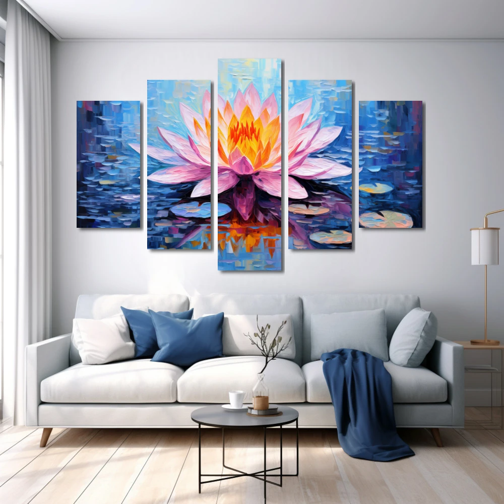 Wall Art titled: Fiery Whisper in a Horizontal format with: Blue, and Pink Colors; Decoration the White Wall wall