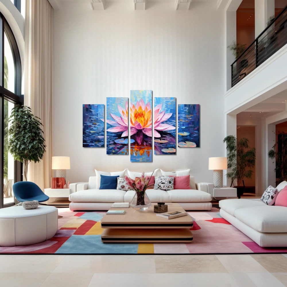 Wall Art titled: Fiery Whisper in a Horizontal format with: Blue, and Pink Colors; Decoration the Above Couch wall