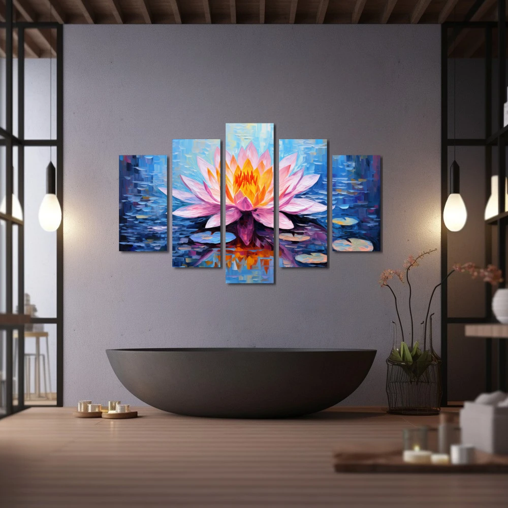 Wall Art titled: Fiery Whisper in a Horizontal format with: Blue, and Pink Colors; Decoration the Wellbeing wall