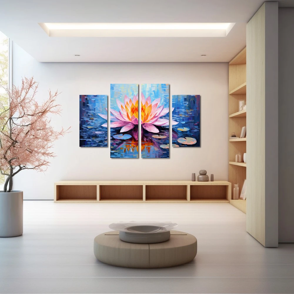 Wall Art titled: Fiery Whisper in a Horizontal format with: Blue, and Pink Colors; Decoration the Wellbeing wall