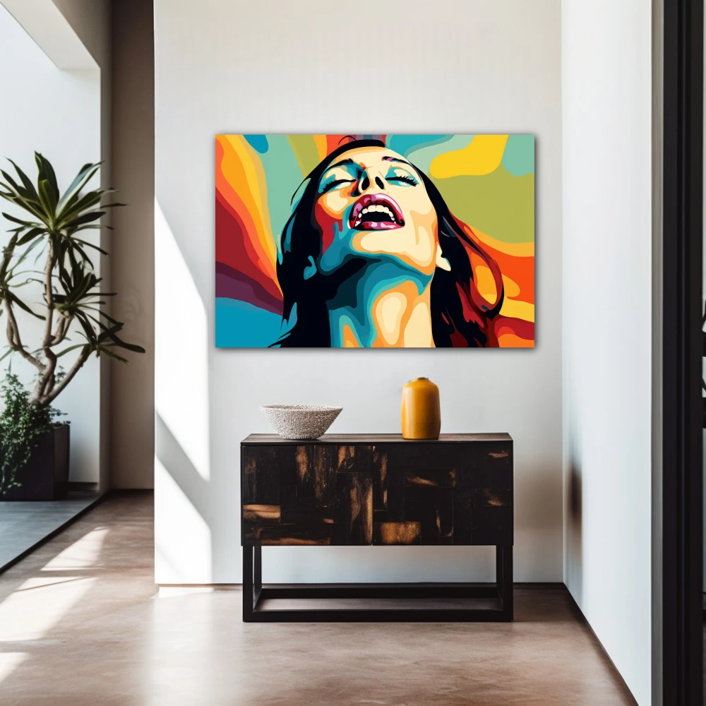 Wall Art titled: Chromatic Ecstasy in a Horizontal format with: Blue, Orange, and Green Colors; Decoration the Entryway wall