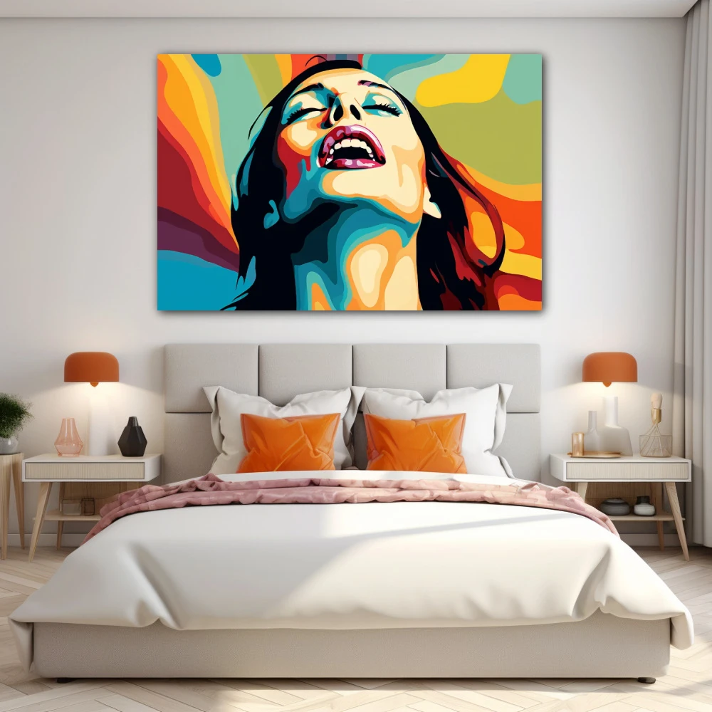 Wall Art titled: Chromatic Ecstasy in a Horizontal format with: Blue, Orange, and Green Colors; Decoration the Bedroom wall