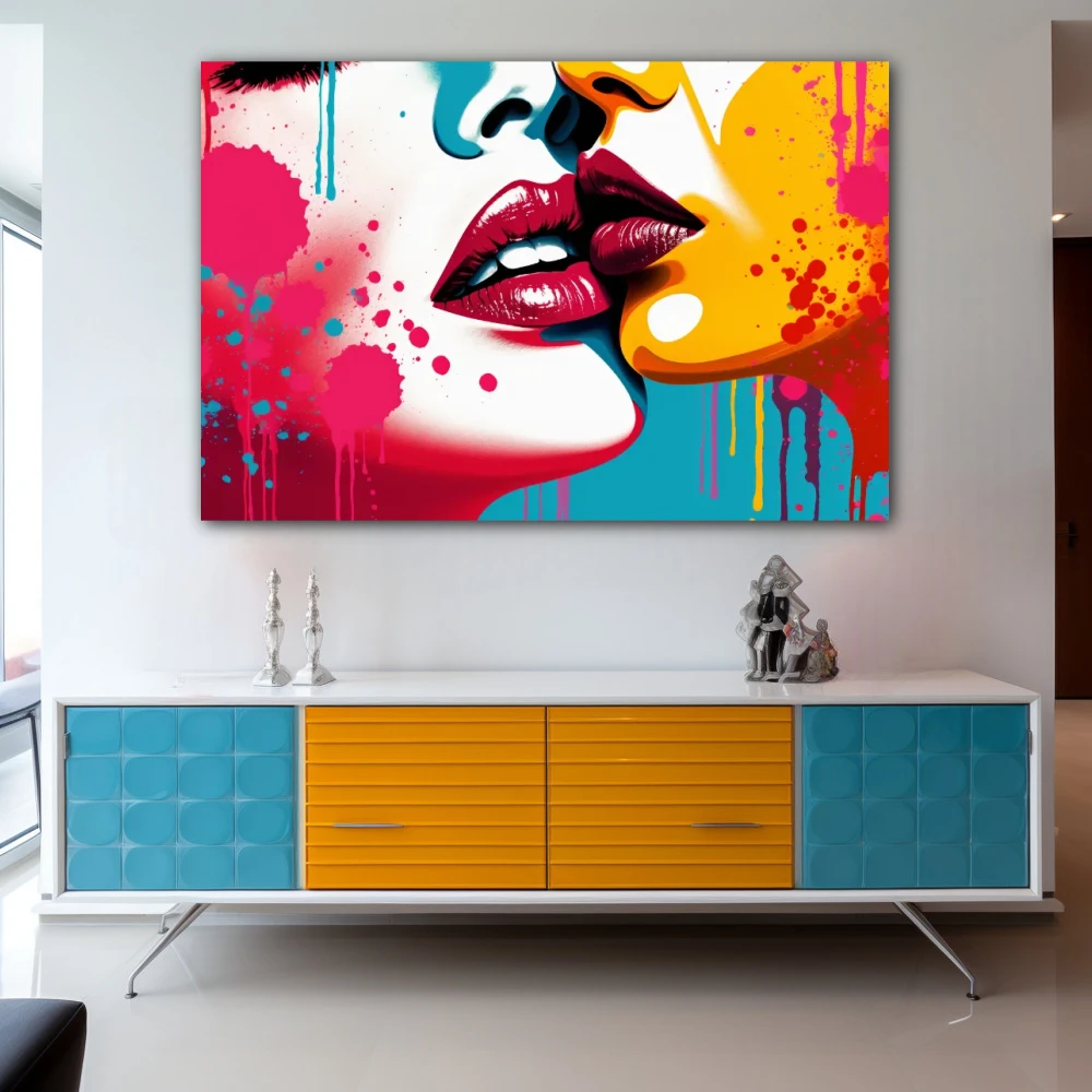 Wall Art titled: Echoes of Affection in a Horizontal format with: Sky blue, Mustard, Red, Pink, and Vivid Colors; Decoration the Sideboard wall