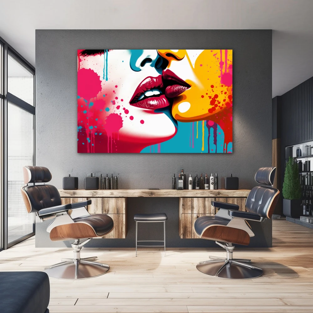 Wall Art titled: Echoes of Affection in a Horizontal format with: Sky blue, Mustard, Red, Pink, and Vivid Colors; Decoration the  wall