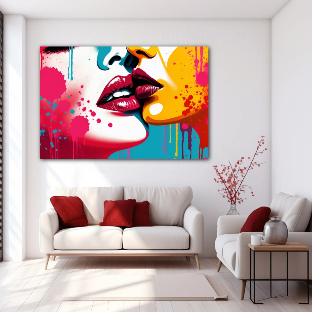 Cuadro ecos de afecto en formato horizontal con colores celeste, mostaza, rojo, rosa, vivos; decorando pared blanca